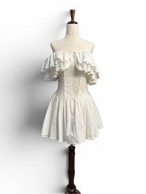 YAM Capri Italy Luxury White Eyelet Ruffle Corset Drop Waist Mini Dress S / M